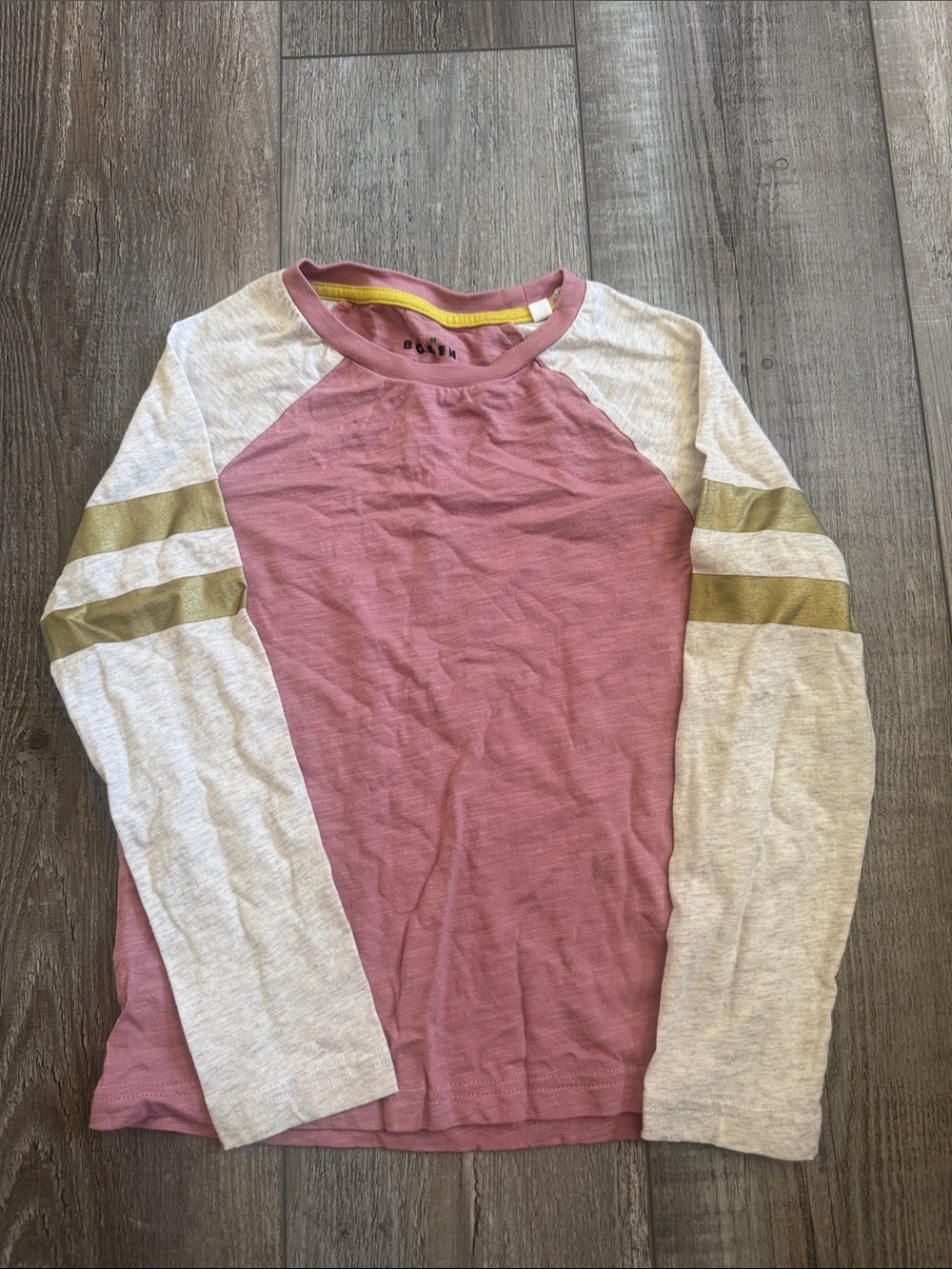 Mini Boden Girls' Long Sleeve Raglan Tee in Rose and Cream with Gold Stripes